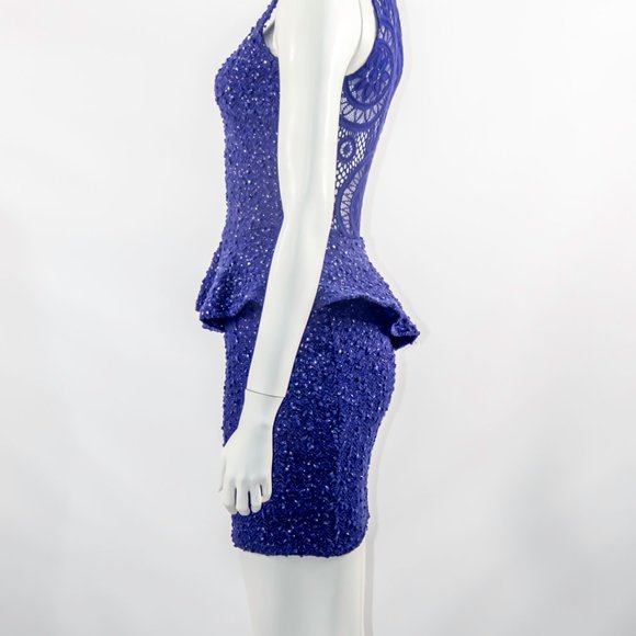 Peplum Bodycon Lace Blue Dress Short Iridescent Party Cocktail Mini Sz Small - Picture 5 of 5